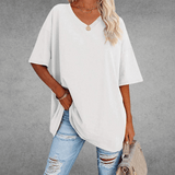 Franziska | Damen Lässiges Oversize V-Ausschnitt T-Shirt – Weiß