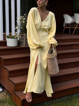 Damen Plissiertes Kleid Mit Schlitz Und Laternenärmeln – Elegantes Maxikleid – Gelb