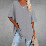Franziska | Damen Lässiges Oversize V-Ausschnitt T-Shirt – Hellgrau