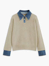 Victoria | Eleganter Damen Strickpullover Mit Denim-Kragen – Aprikose