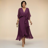 Elegantes, ausgestelltes Chiffon-Midikleid mit V-Ausschnitt und Gürtel für Damen – Perfektes Kleid für Hochzeitsgäste – Lila