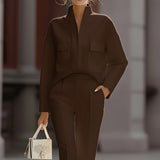 Zweiteiliges Set aus Oversize-Hemd und Hose für Damen – Braun