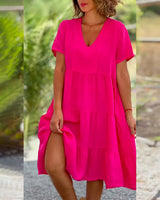 Damenkleid V Ausschnitt mit Raffungen – Fuchsia
