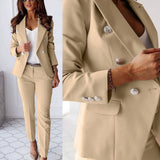 Damen-Hosenanzug mit doppelter Knopfleiste aus Polyester – Beige