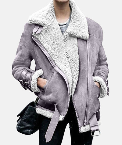 Fleece-gefütterte Wildlederjacke mit Gürtel für Frauen