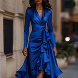 Satin-Maxikleid für Damen | Drapierte Rüschen, lange Ärmel – Königsblau