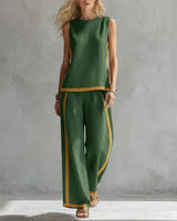 Damen Lockeres Leinen Zweiteiler Set - Ärmelloses Casual Outfit – Grün