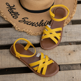 Damen Flache Leder Sandalen Mit Kreuzriemen – Elegante Sommer Komfort Schuhe – Gelb