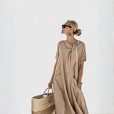 Elisa | Damen Lockeres Taschen Bindekragen Midi Kleid – Khaki