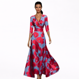 Damen V-Ausschnitt Langarm Blumen Maxi Kleid - Wickel Eleganter Stil – Rot/blau