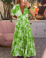 Damen Sommerkleid mit V-Ausschnitt und Blumenmuster – Grün
