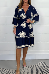 Damen Sommerkleid Im Boho Stil Mit Langarm – Marineblau