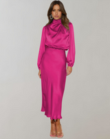Anna | Damen Elegantes Satin Langarmkleid – Rosa