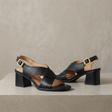 Damen Offene Blockabsatz Ledersandalen – Schwarz