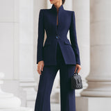 Set aus Blazer mit hohem Kragen und Hose mit weitem Bein für Damen – Marineblau