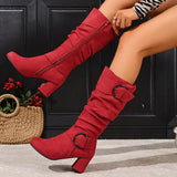 Camille | Moderne kniehohe Stiefel mit Blockabsatz und Schnallendetails – Braun
