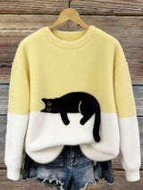 Damen Oversized Pullover mit Farbblockdesign und Katzenmotiv – Gelb