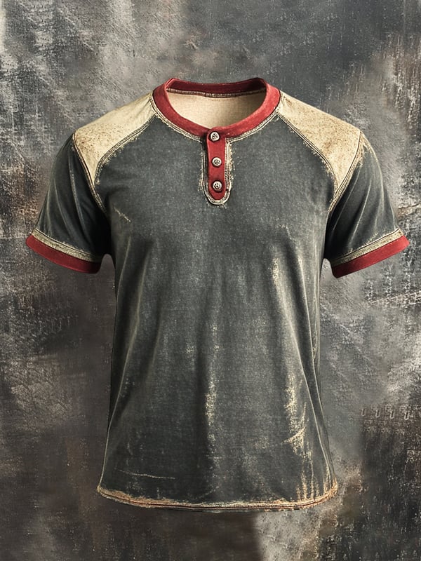 Herren T-Hemd Mit Henley Kragen Retro Farbblock Und Kurzen Ärmeln