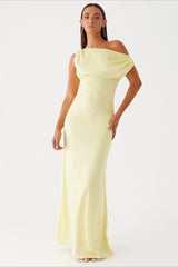 Damen Einfarbiges Maxikleid Mit Asymmetrischem Ausschnitt – Abendkleid – Gelb