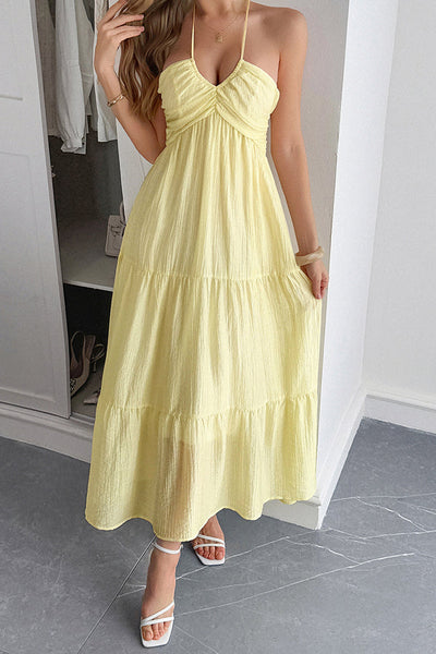 Lara® | Maxikleid mit Unifarbenem Halfter Hals und Bindung im lässigen Urlaubsstil