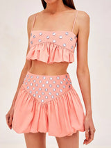 Damen Pailletten Spiegel Rock Set – Glänzendes Party Zweiteiler Outfit – Rosa