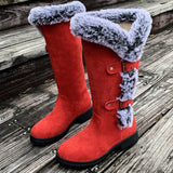 Georgina | Kuschelige kniehohe Kunstwildlederstiefel mit Fellbesatz und Schnallen – Rot