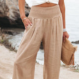 Damenhose aus Leinenmischung mit Smokarbeit und Taschen – Camel
