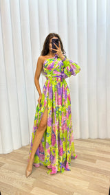 Damen Florales Schulterfreies Sommerkleid - Eleganter Fließender Event Kleid – Gelb