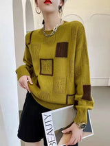 Adorelle - Künstlerischer Strickpullover im Patchwork-Design – Gelb