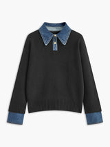 Victoria | Eleganter Damen Strickpullover Mit Denim-Kragen – Schwarz