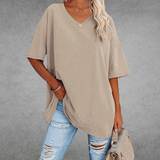 Franziska | Damen Lässiges Oversize V-Ausschnitt T-Shirt – Beige