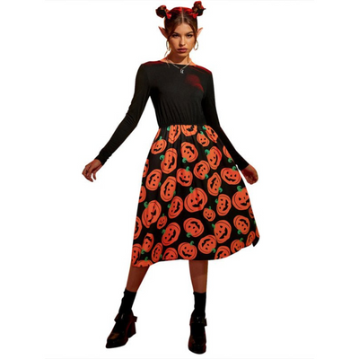 Damen Halloween-Kleid mit Kürbis-Print | Langarm & Midi-Länge