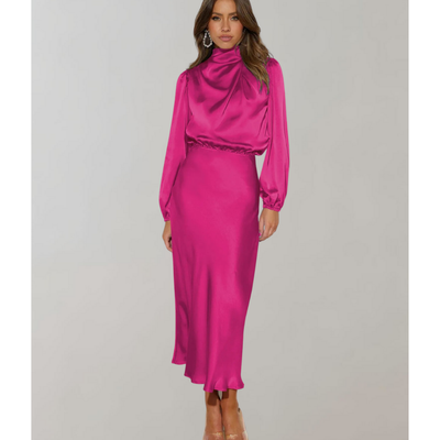 Damen Stylisches High Neck Elegantes Langarm Kleid | Midi