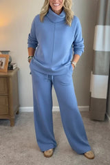Aivra | Damen Turtleneck Langarm Weitbeiniger Zweiteiler mit Taschen – Blau