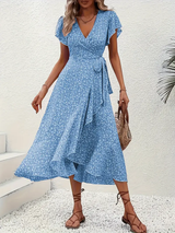 Hannah | V-Ausschnitt Wickel Kleid Rüschen – Pfauenblau