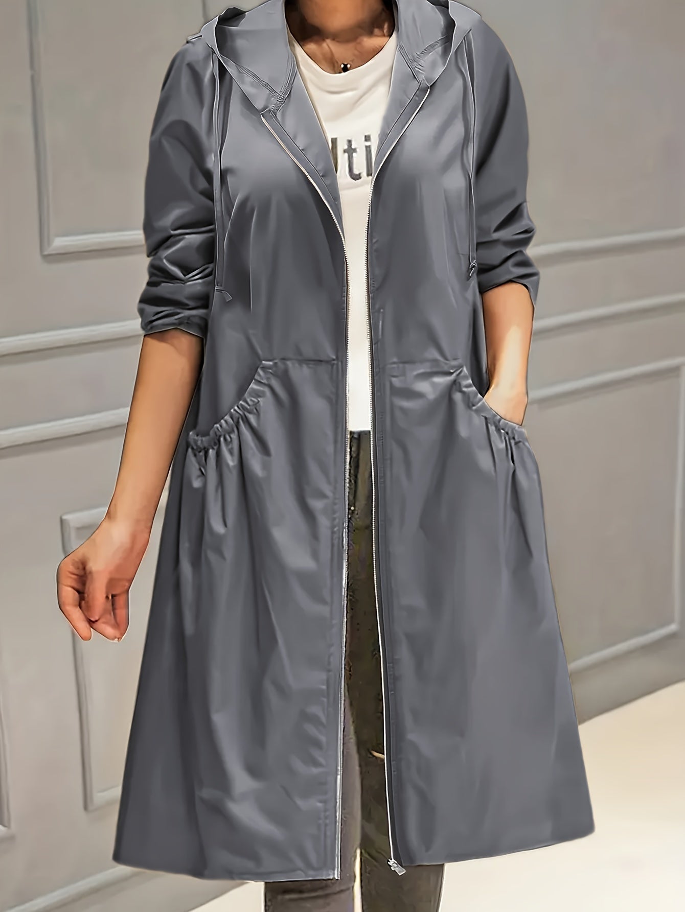 Lässiger Plus-Size Trenchcoat mit Kapuze und Reißverschluss für Damen | Ideal für den Winter