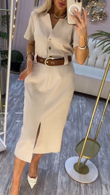 Damen Midi-Kleid mit kurzen Ärmeln, seitlichem Schlitz und Knöpfen – Khaki