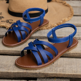 Damen Flache Leder Sandalen Mit Kreuzriemen – Elegante Sommer Komfort Schuhe – Blau