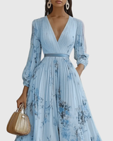Isabella | Damen Ärmelloses Geplissiertes Blumen Midi Kleid – Blau