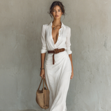 Maxikleid für Damen mit Knopfleiste und Gürtel – Weiß