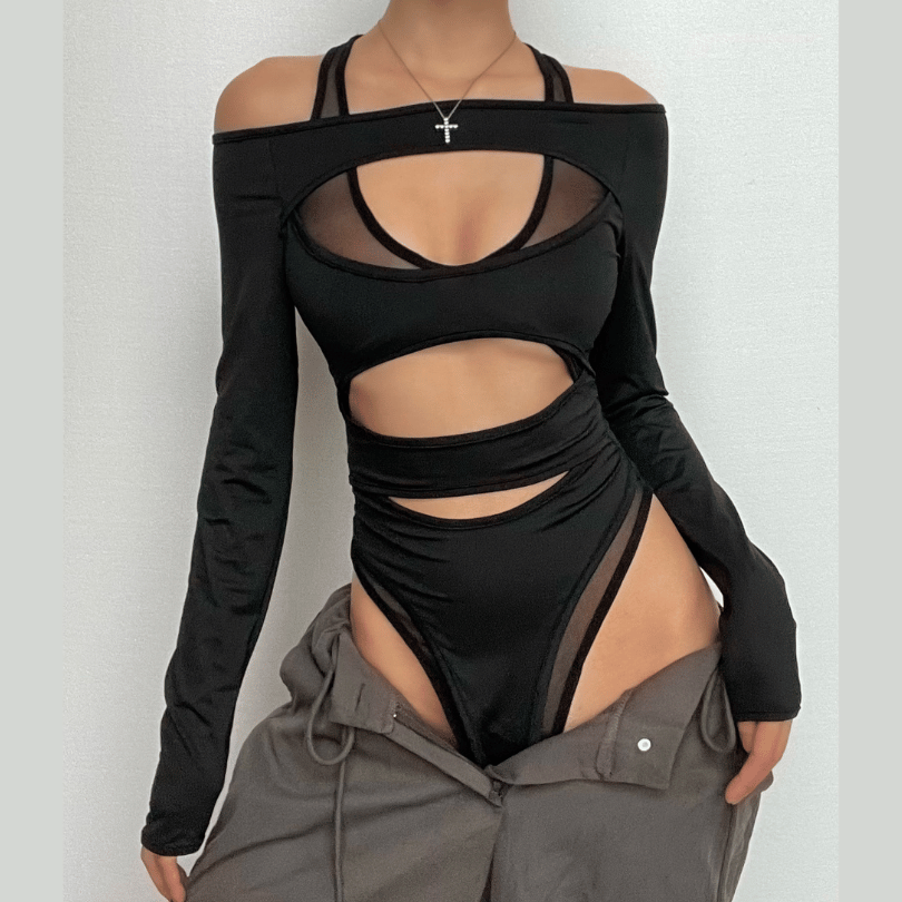 VALE Off-Shoulder Mesh Bodysuit with Cut-Outs & Long Sleeves