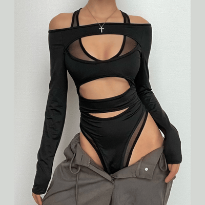 VALE Off-Shoulder Mesh Bodysuit with Cut-Outs & Long Sleeves