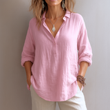Damen V-Ausschnitt Langarm Leinen Bluse – Rosa