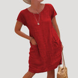 Damen-Leinenkleid in Midi-Länge mit kurzen Ärmeln – Rot