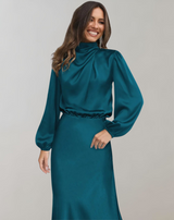 Anna | Damen Elegantes Satin Langarmkleid – Blau