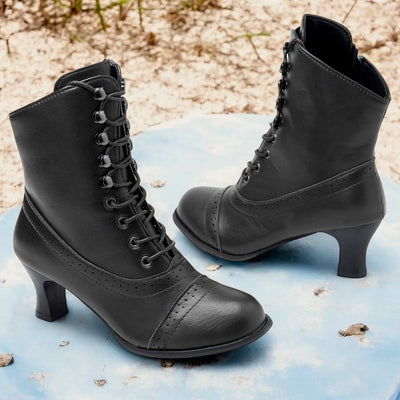 Laura™ - Victorianische braune Schnürstiefel mit mittlerem Absatz und Reißverschluß