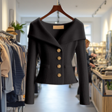 Damen Strickjacke Mit Breitem Kragen – Schwarz