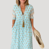 Boho-Midi-Kleid für Damen mit Taschen – Blau