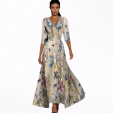 Damen V-Ausschnitt Langarm Blumen Maxi Kleid - Wickel Eleganter Stil – Sand/Beige