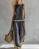 Damen Lockeres Leinen Zweiteiler Set - Ärmelloses Casual Outfit – Grau